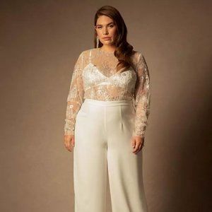 Bridal by ELOQUII Mesh Applique Jumpsuit, Off White, Size 28W